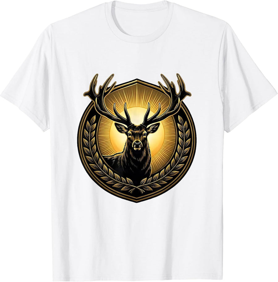 Men's Buck Deer Silhouette Rising Sun Hunting Design T-Shirt - White