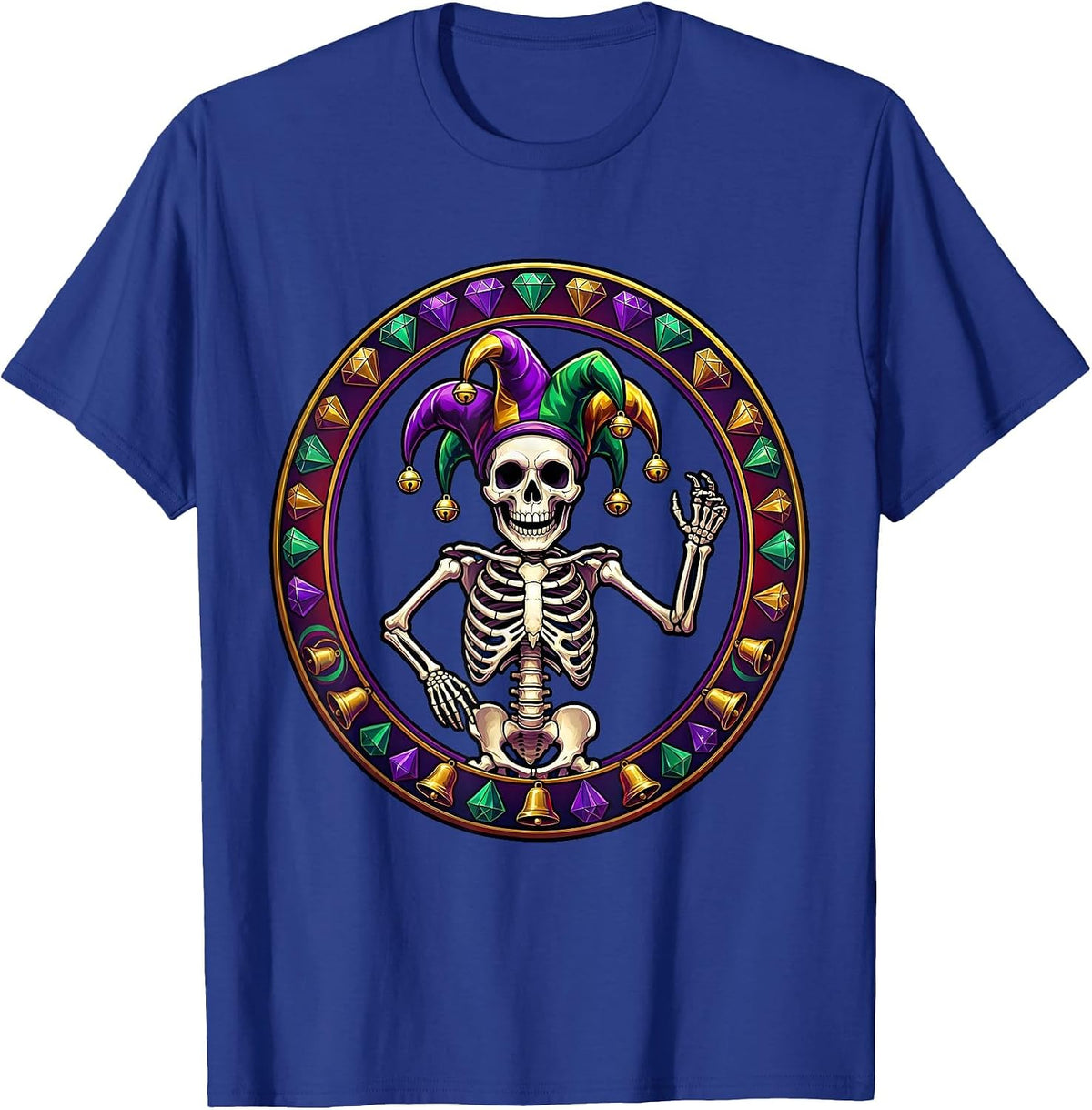 Mardi Gras Skeleton Jester Festive Design T-Shirt - Royal Blue