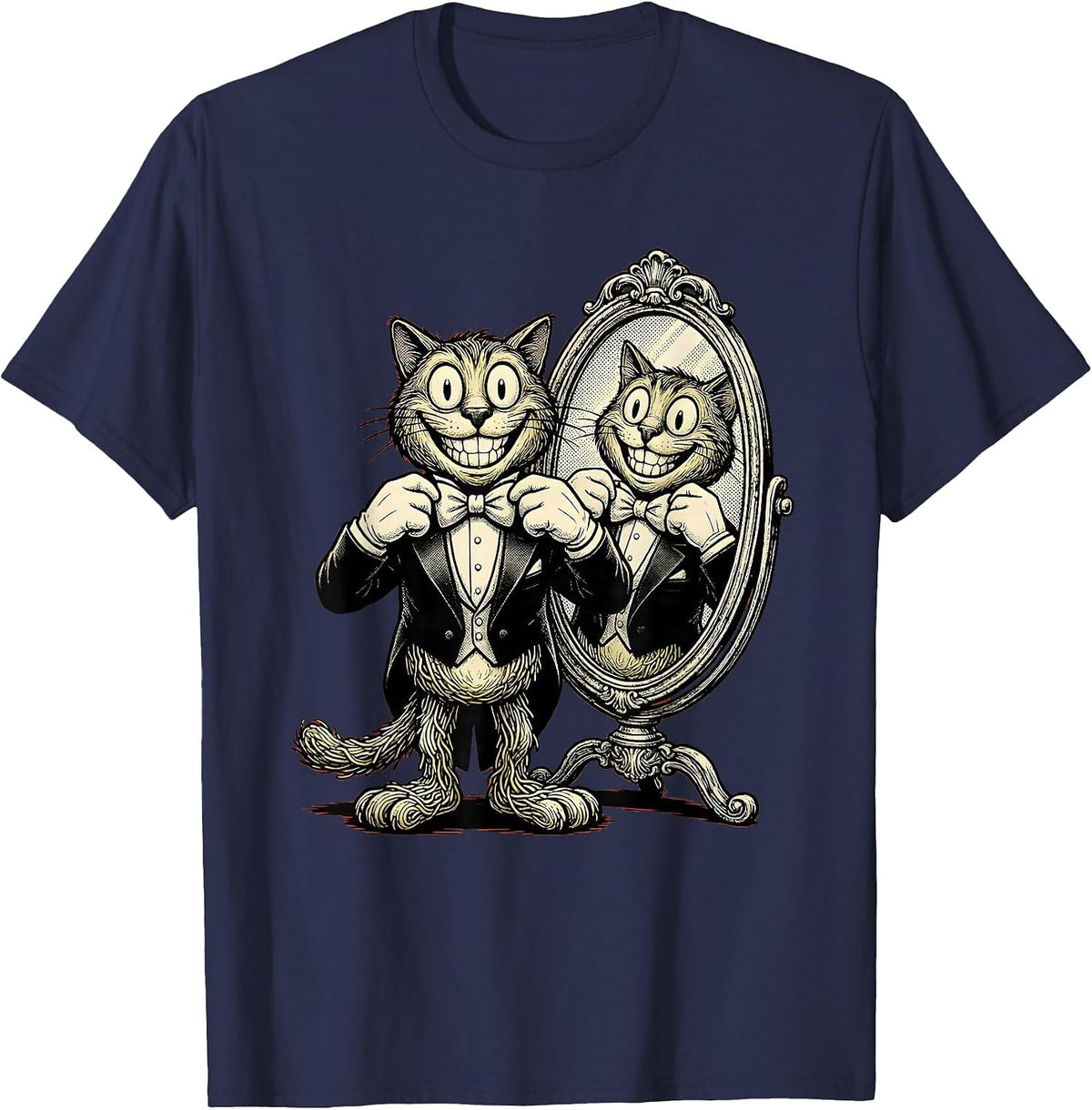 Men's Dapper Cat Adjusting Bow Tie in Mirror T-Shirt - Navy Blue