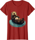 Sea Otter Balancing Shell Funny Otter Lover Humor T-Shirt, Women, Cranberry Red, Large - As Pictured