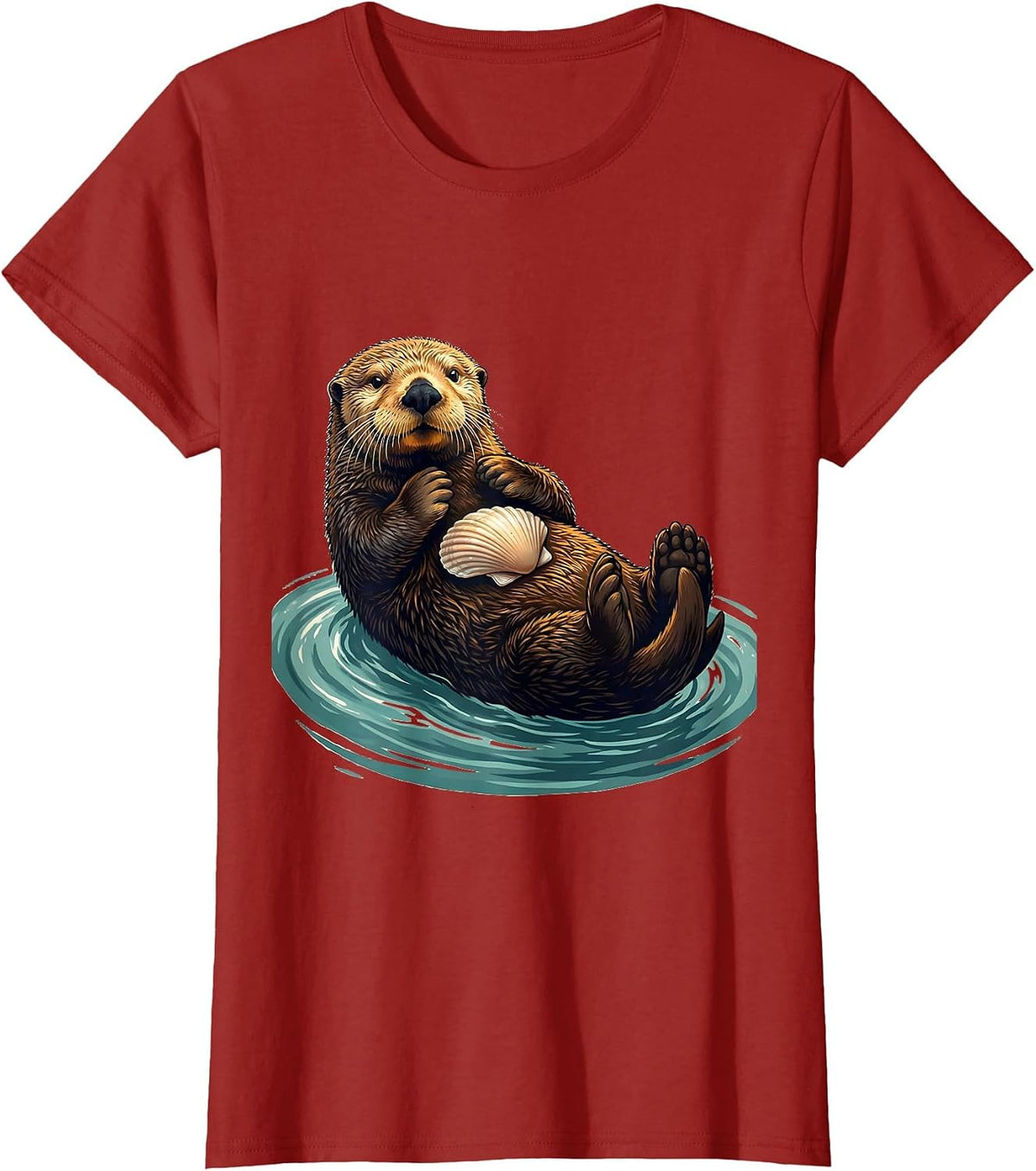 Sea Otter Balancing Shell Funny Otter Lover Humor T-Shirt, Women, Cranberry Red, Large - As Pictured