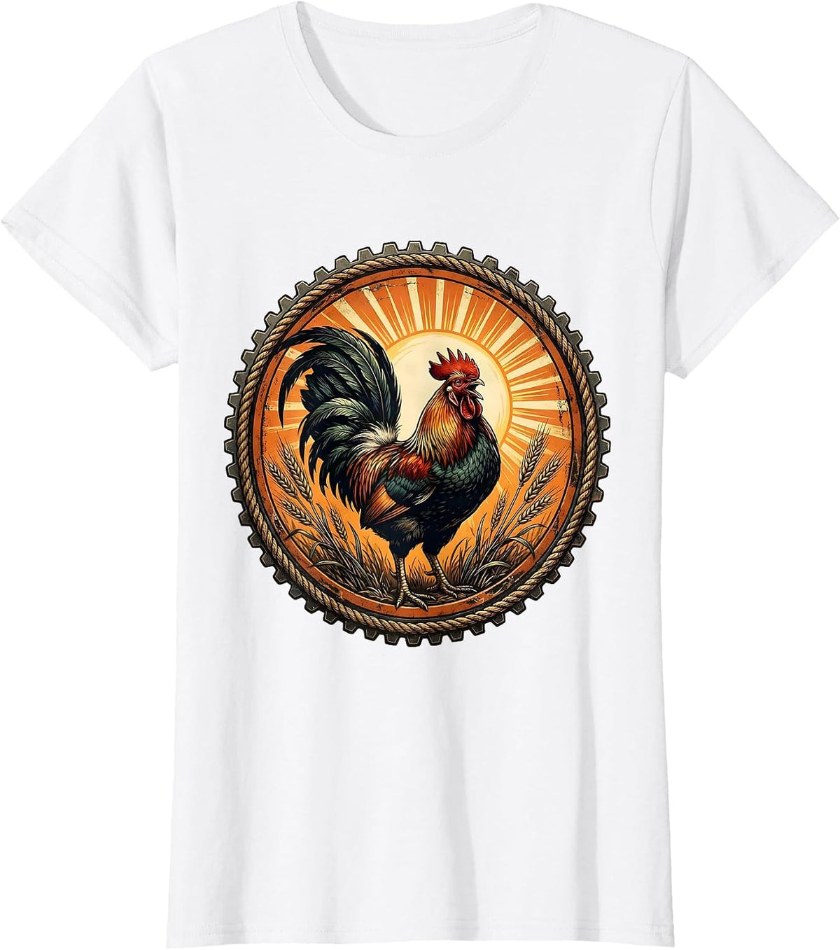 Rooster Crowing at Blazing Sunrise Illustration T-Shirt - White