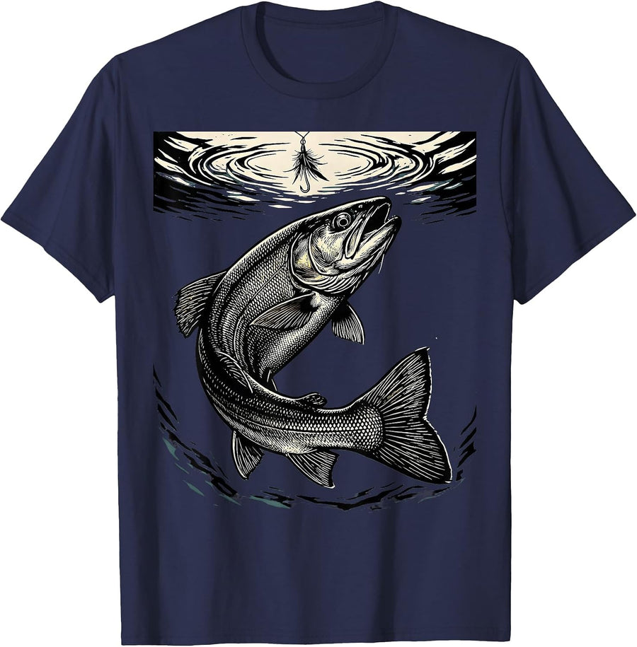 Trout Chasing Fly Lure Underwater Fishing Art T-Shirt - Navy Blue