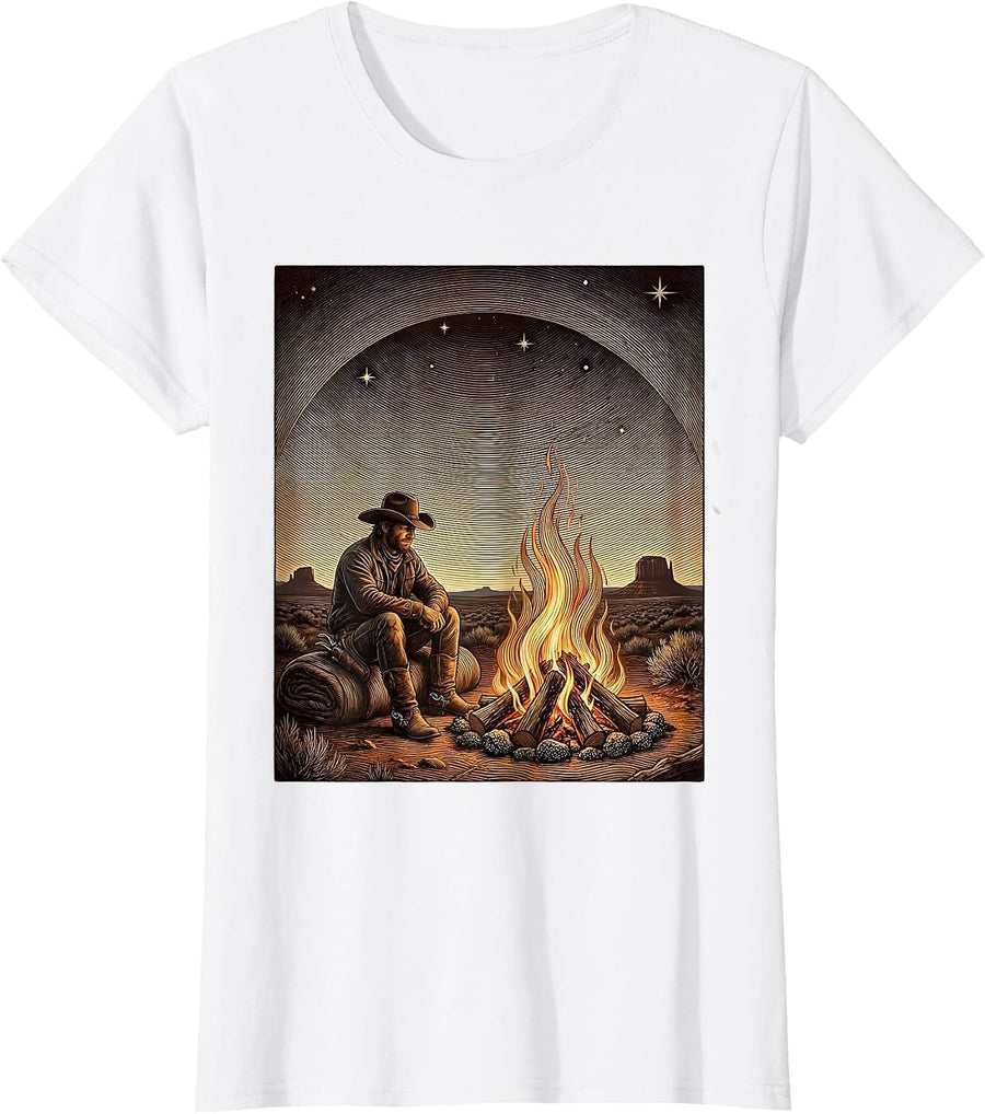 Women's Campfire Starry Night Western Wilderness Design T-Shirt - White