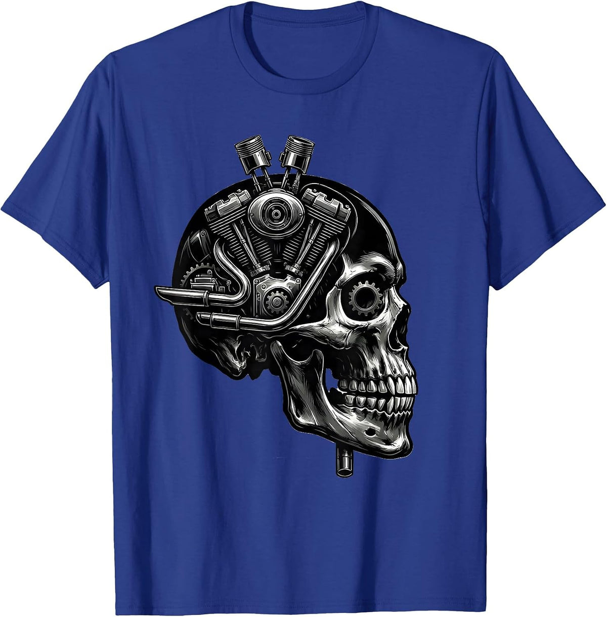 Skull Fused Vintage Motorcycle Engine Graphic T-Shirt - Royal Blue