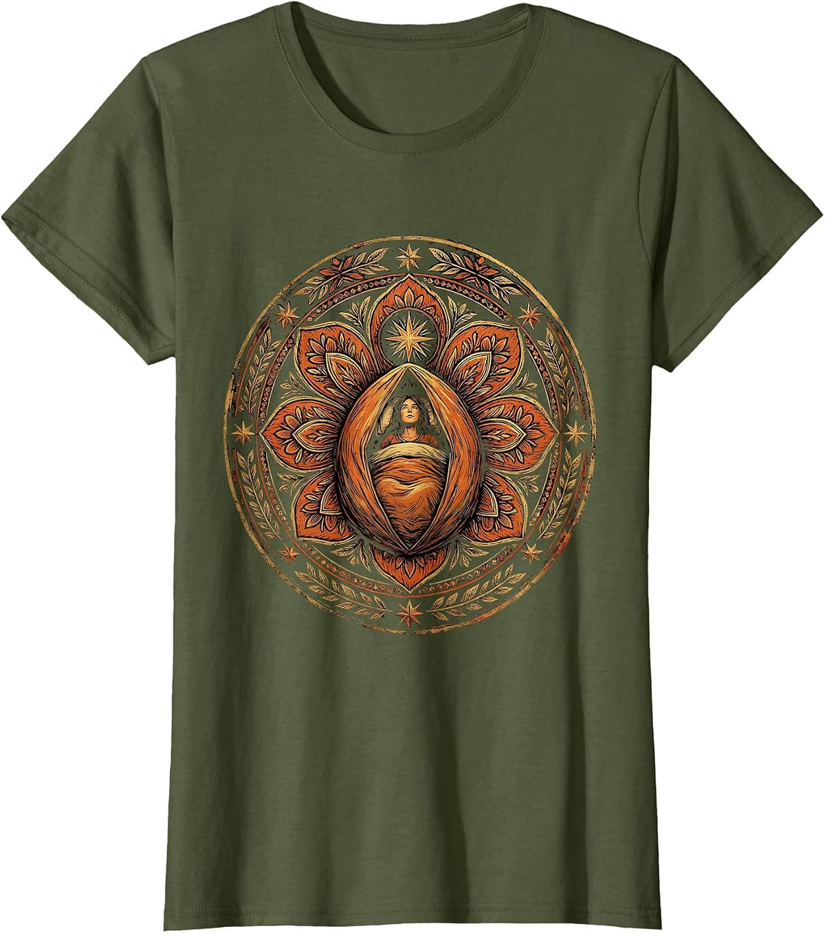Women's Stargazing Camping Night Sky Illustration T-Shirt - Olive Green