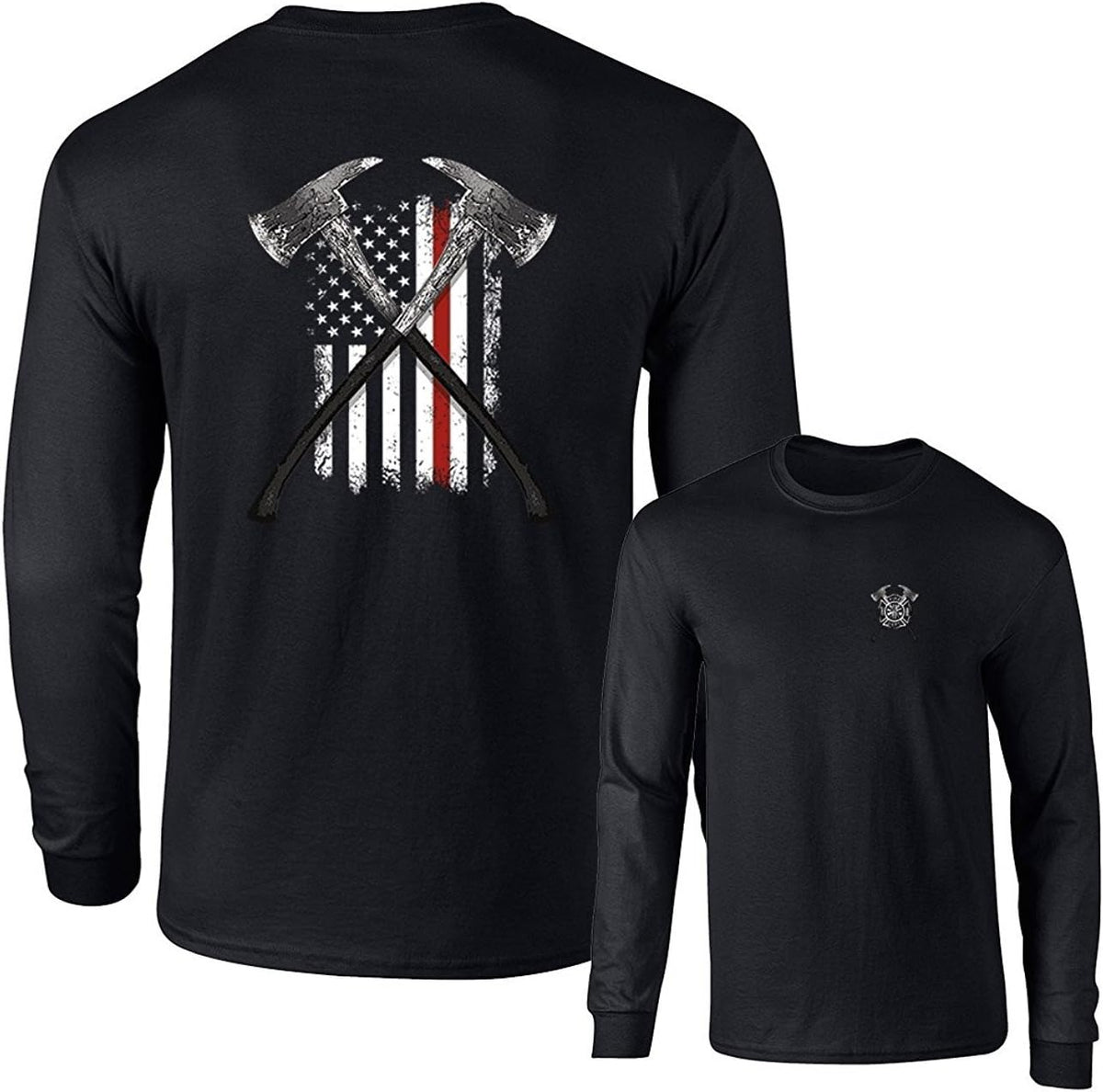 Thin Red Line Firefighter Long Sleeve T-Shirt FIRE Axes US Flag F&B - Black