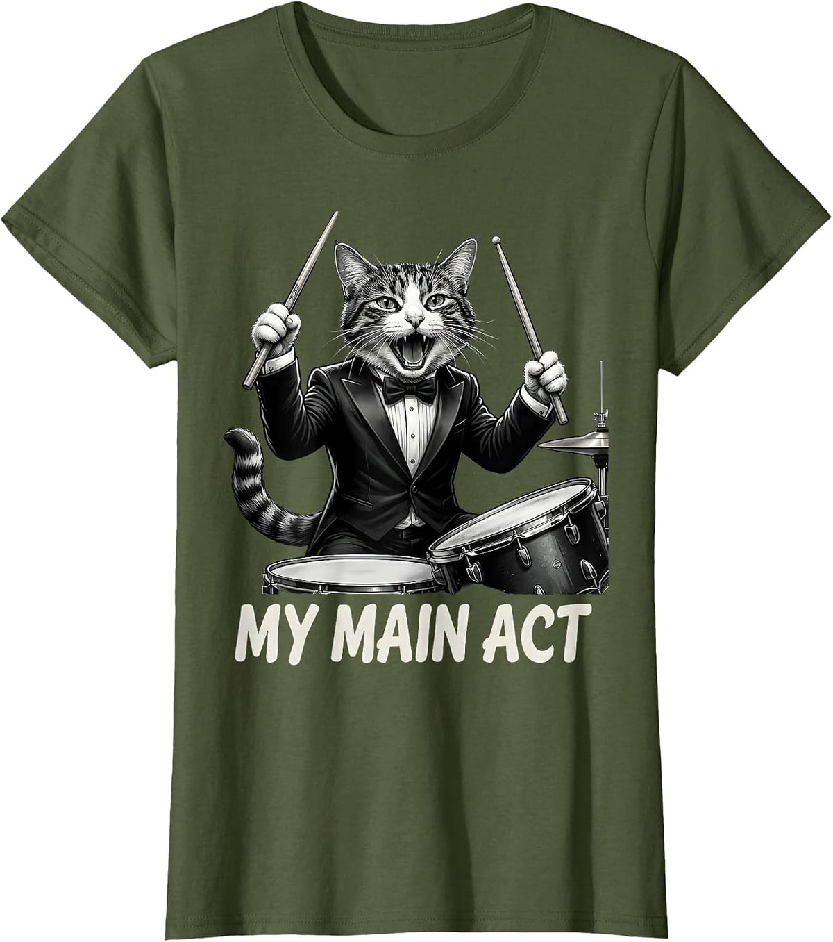 Women's My Main Act Funny Cat Rock Band Musician Humor T-Shirt - Olive Green
