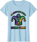 Women's Our Mardi Gras Mischief Begins Today Cartoon Jester Carnival T-Shirt - Baby Blue