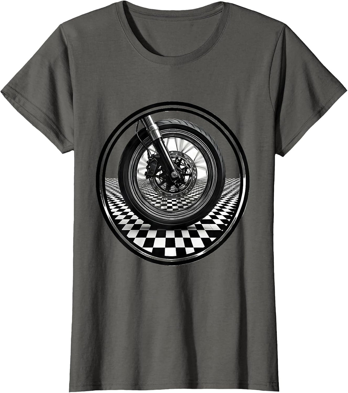 Women's Motorcycle Wheel Black White Checkered Graphic T-Shirt - Asphalt Grey