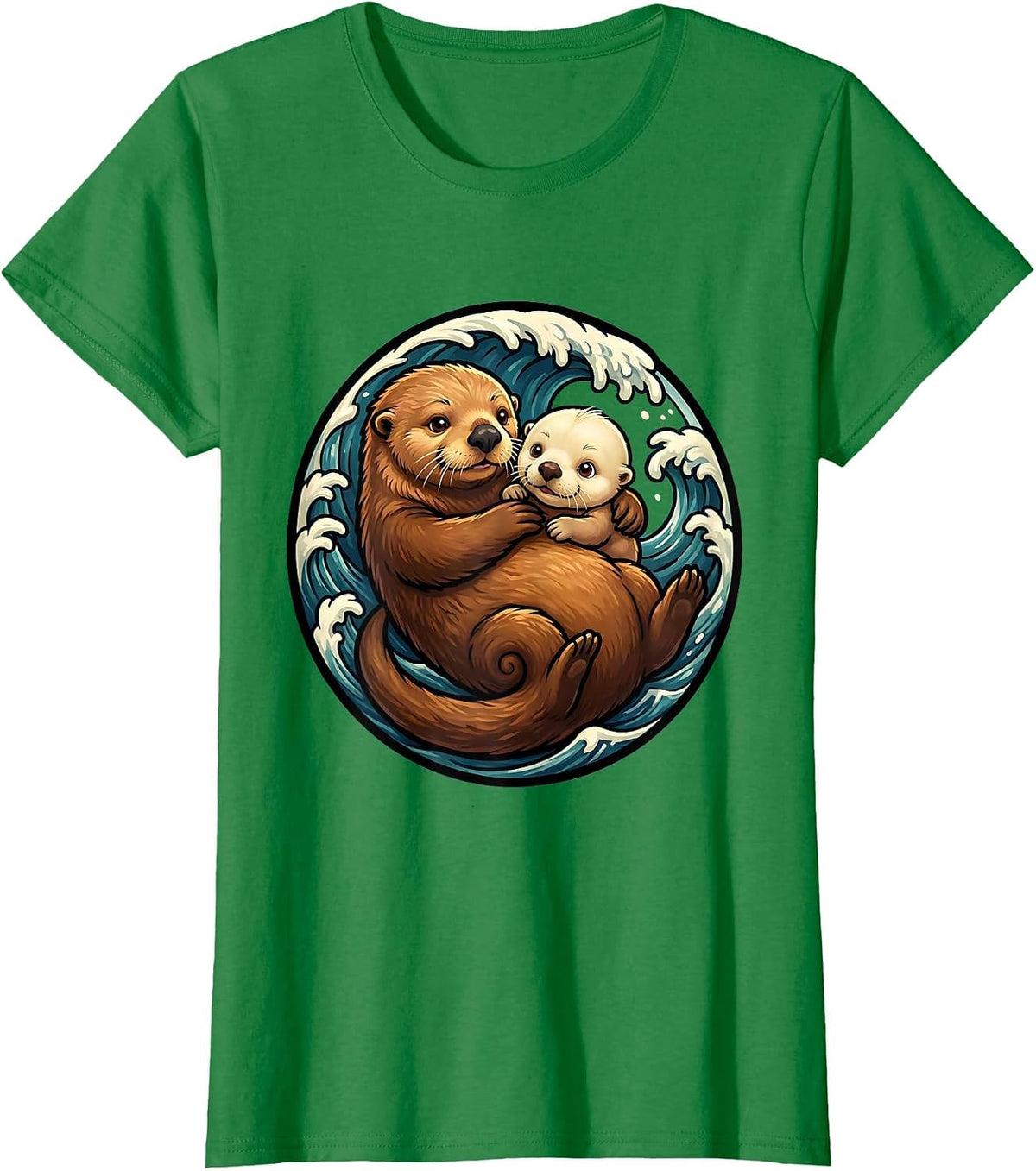 Women's Sea Otter Mom and Pup Embrace Graphic T-Shirt - Kelly Green