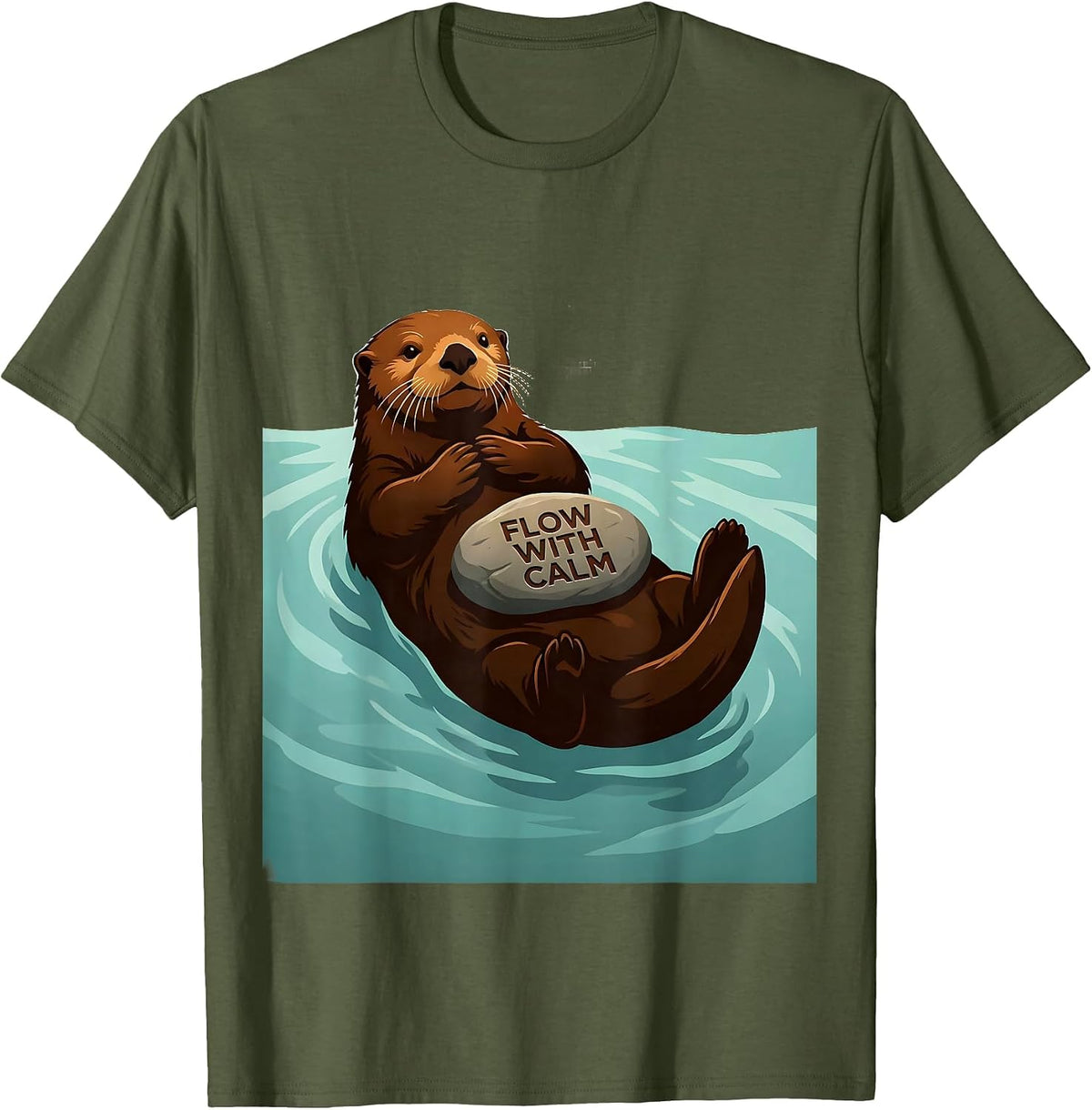 Flow With Calm Cute Sea Otter Lover Gift T-Shirt - Olive Green