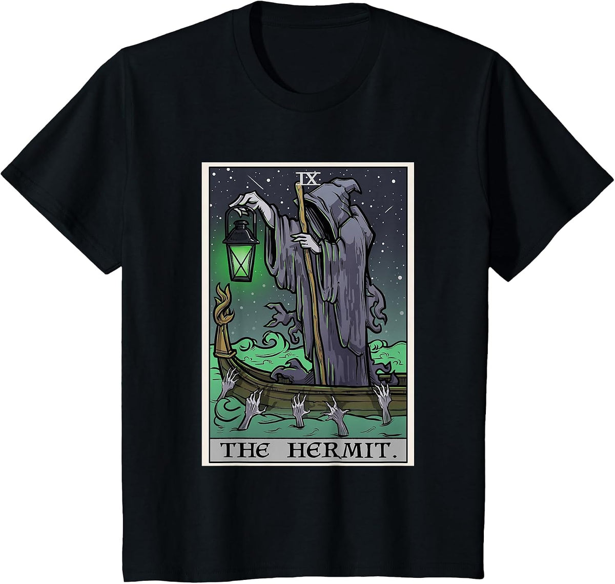 The Hermit Tarot Card Gothic Halloween Grim Reaper Horror T-Shirt - Black