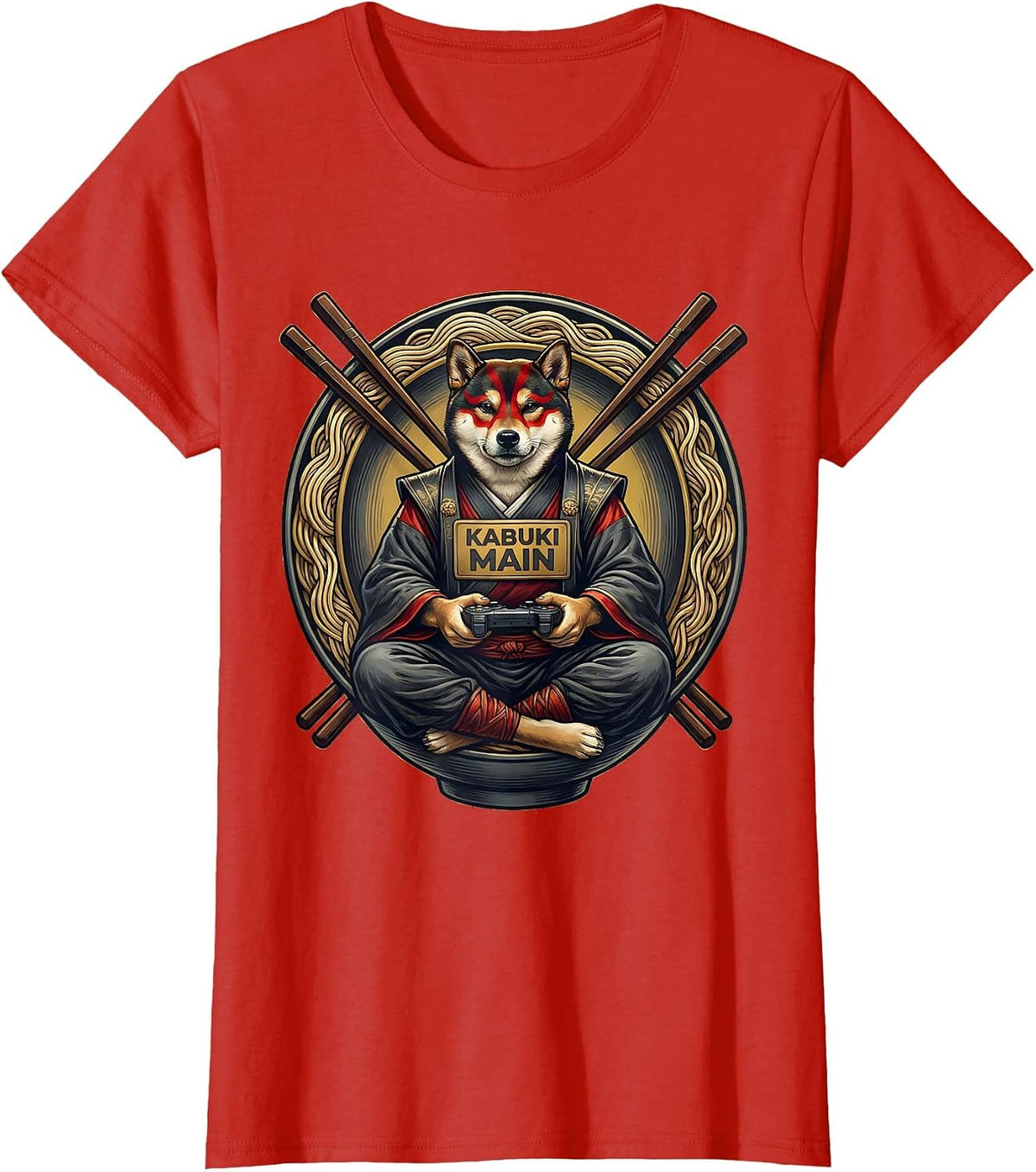 kabuki main Funny Anime Cat Gamer Ramen Bowl Emblem T-Shirt - Red