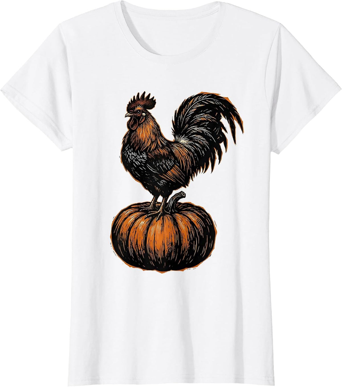 Rooster on a Pumpkin Proud Harvest Illustration T-Shirt - White