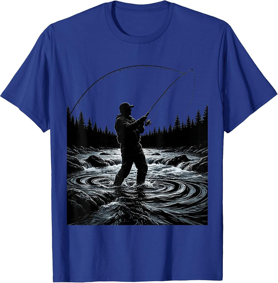 Fly Fishing Waders in River Graphic T-Shirt - Royal Blue