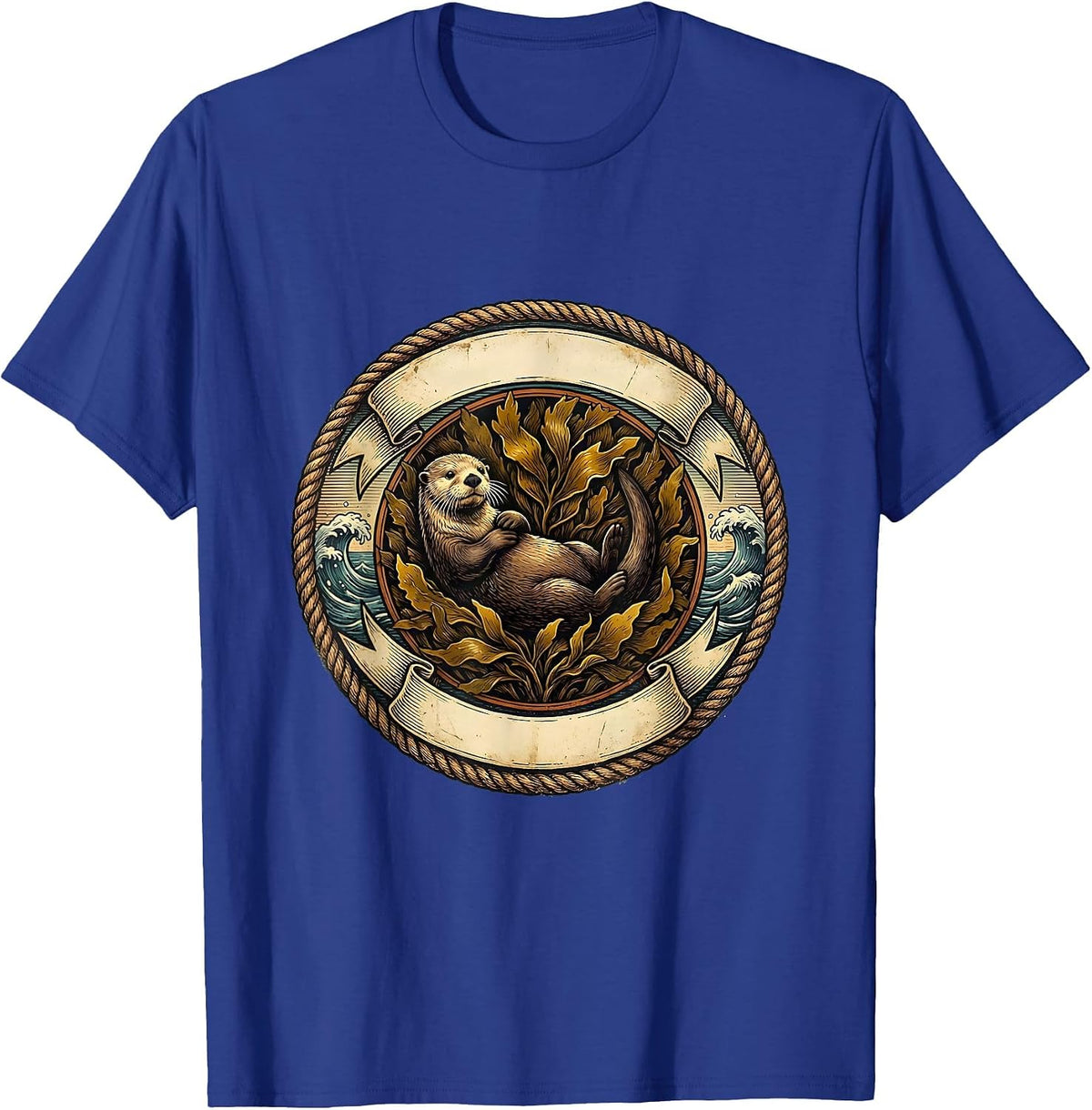California Sea Otter Floating on Kelp Bed Design T-Shirt - Royal Blue