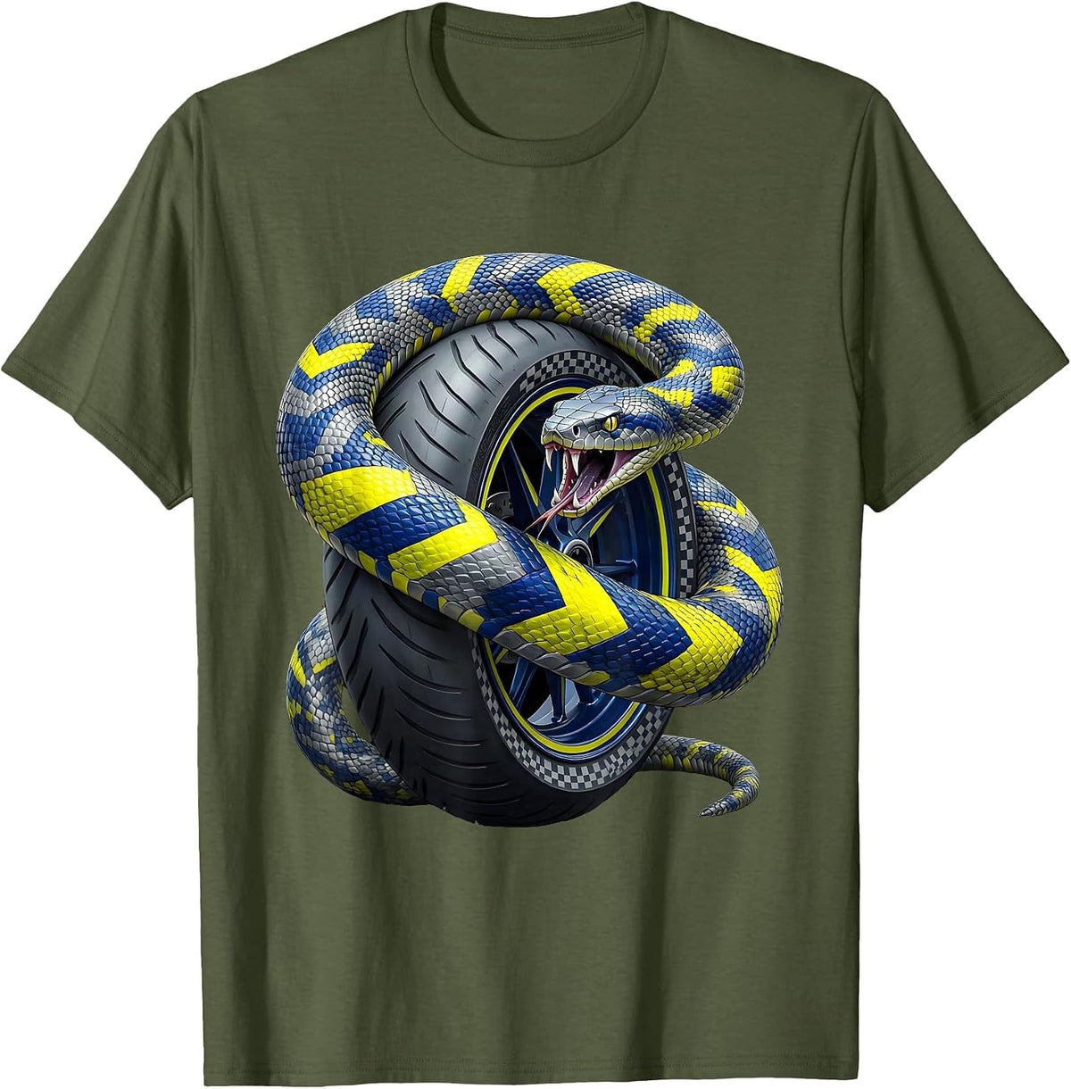 Men's Snake Coiled Around Spinning Tire Motorcycle Art T-Shirt - Olive Green