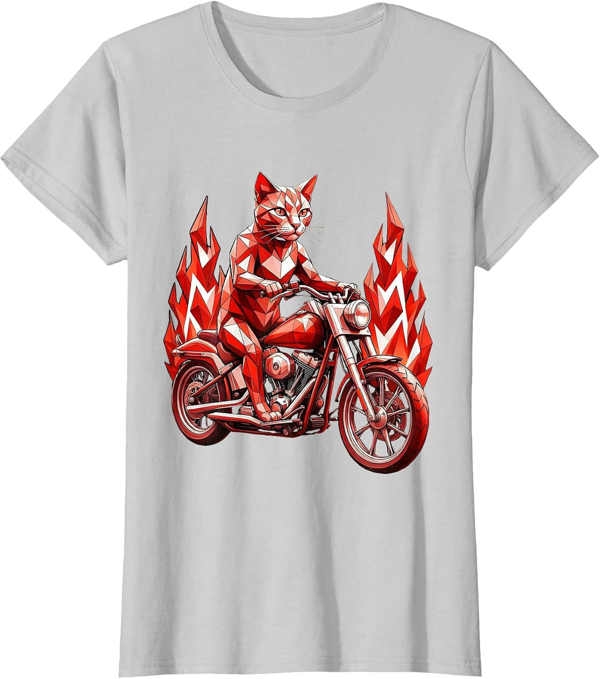 Cat Riding Chopper Motorcycle Through Flames T-Shirt - Silver Grey