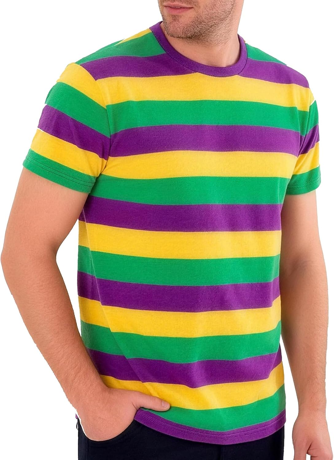 Funny World Men's Cotton Striped T-Shirt Crew Neck Short Sleeves Basic Casual Top - Purple Gold Green