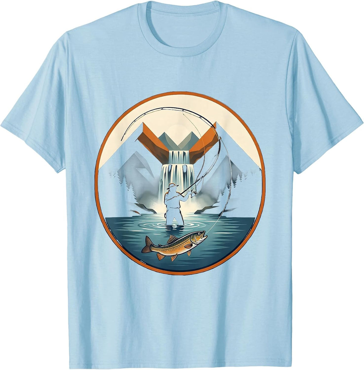 Fly Fisherman Mountain Waterfall Casting Graphic T-Shirt - Baby Blue