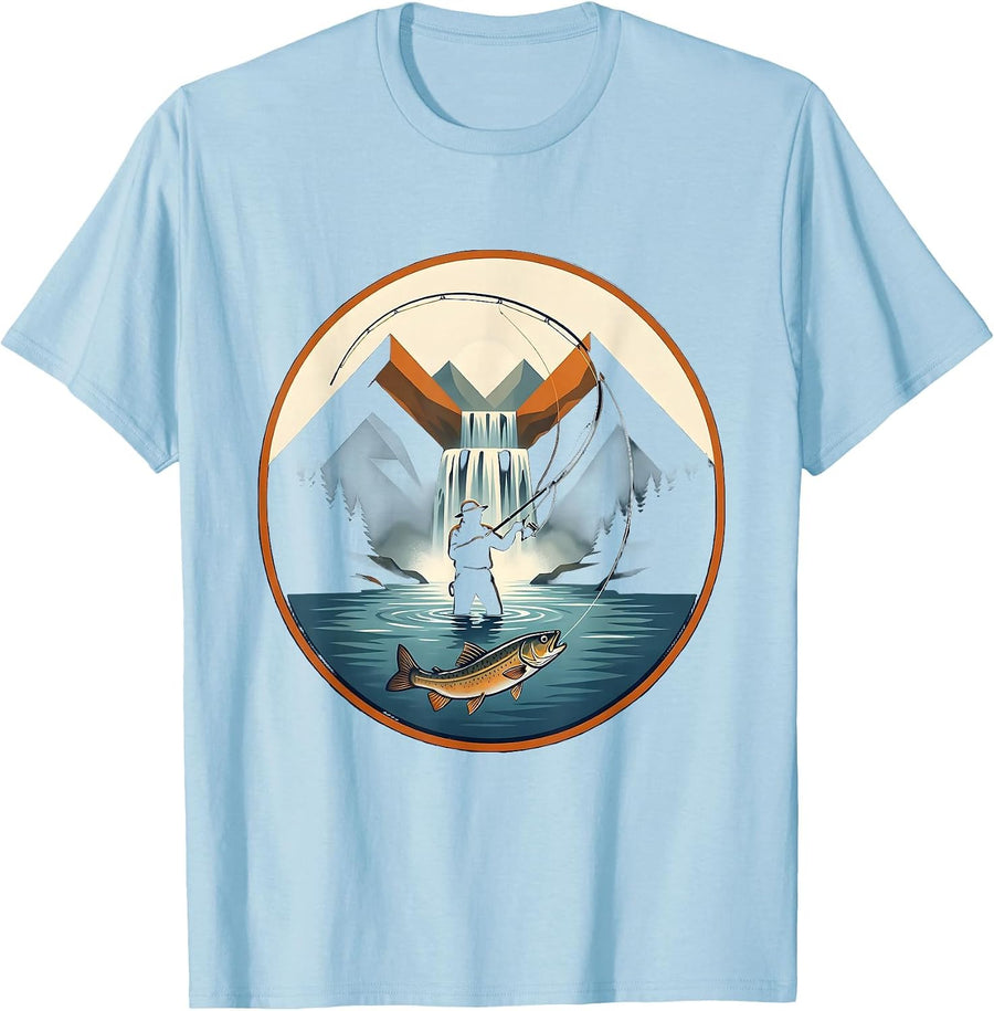 Fly Fisherman Mountain Waterfall Casting Graphic T-Shirt - Baby Blue