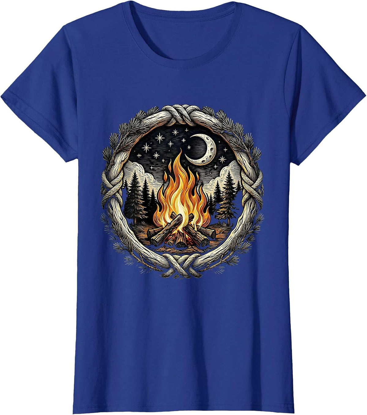 Women's Vintage Campfire Starry Night Outdoor Design T-Shirt - Royal Blue
