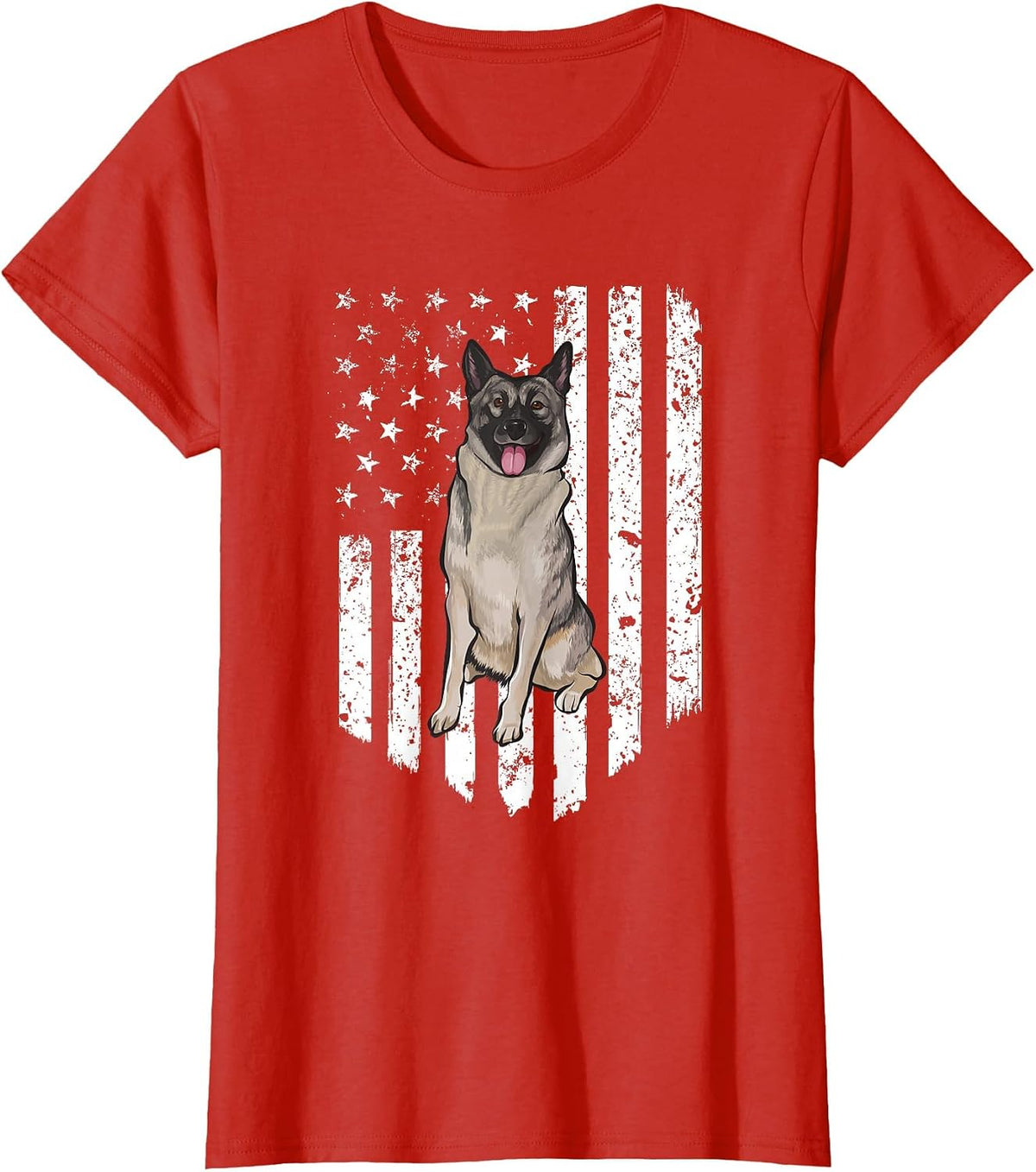 Black and White American Flag Norwegian Elkhound 4th of July USA T-Shirt - Red