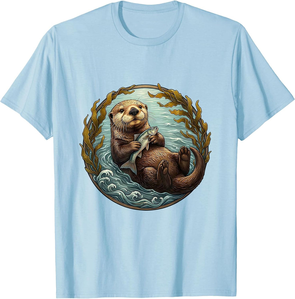 Men's Sea Otter Floating With Fish Illustration T-Shirt - Baby Blue