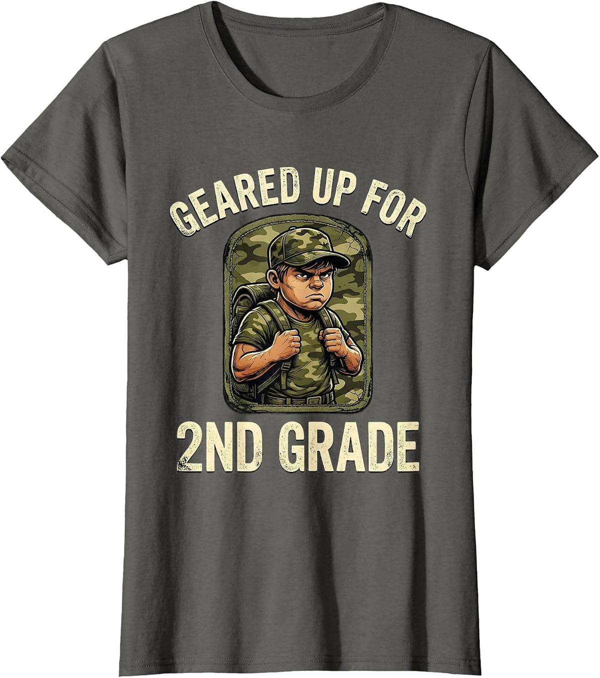 Women's Geared Up For 2nd Grade Distressed Camo Back To School Boy T-Shirt - Asphalt Grey