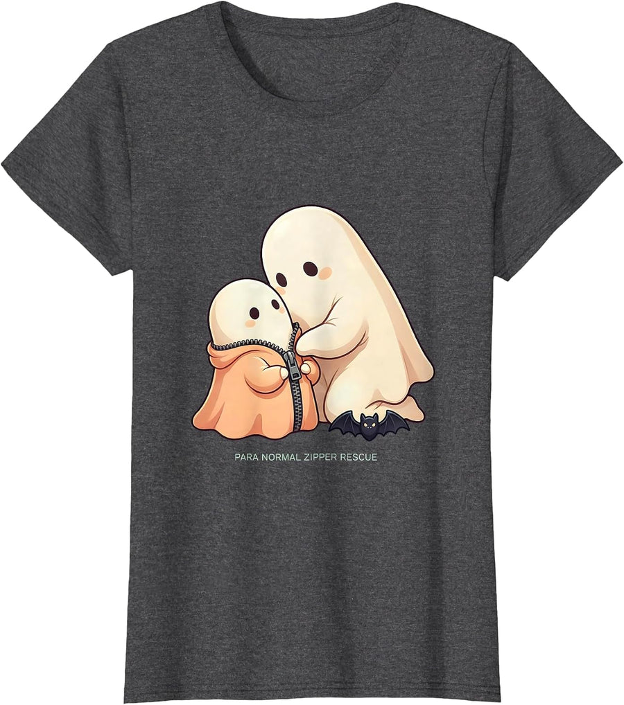 Women's Para Normal Zipper Rescue Cute Kawaii Ghost SpEd Teacher T-Shirt - Dark Heather Grey