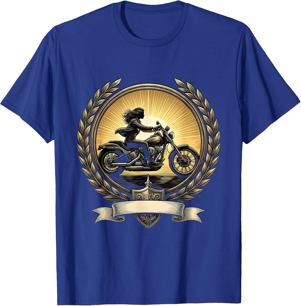 Woman Rider Cruiser Motorcycle Sunset Graphic T-Shirt - Royal Blue