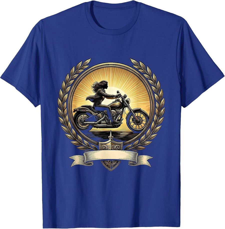Woman Rider Cruiser Motorcycle Sunset Graphic T-Shirt - Royal Blue