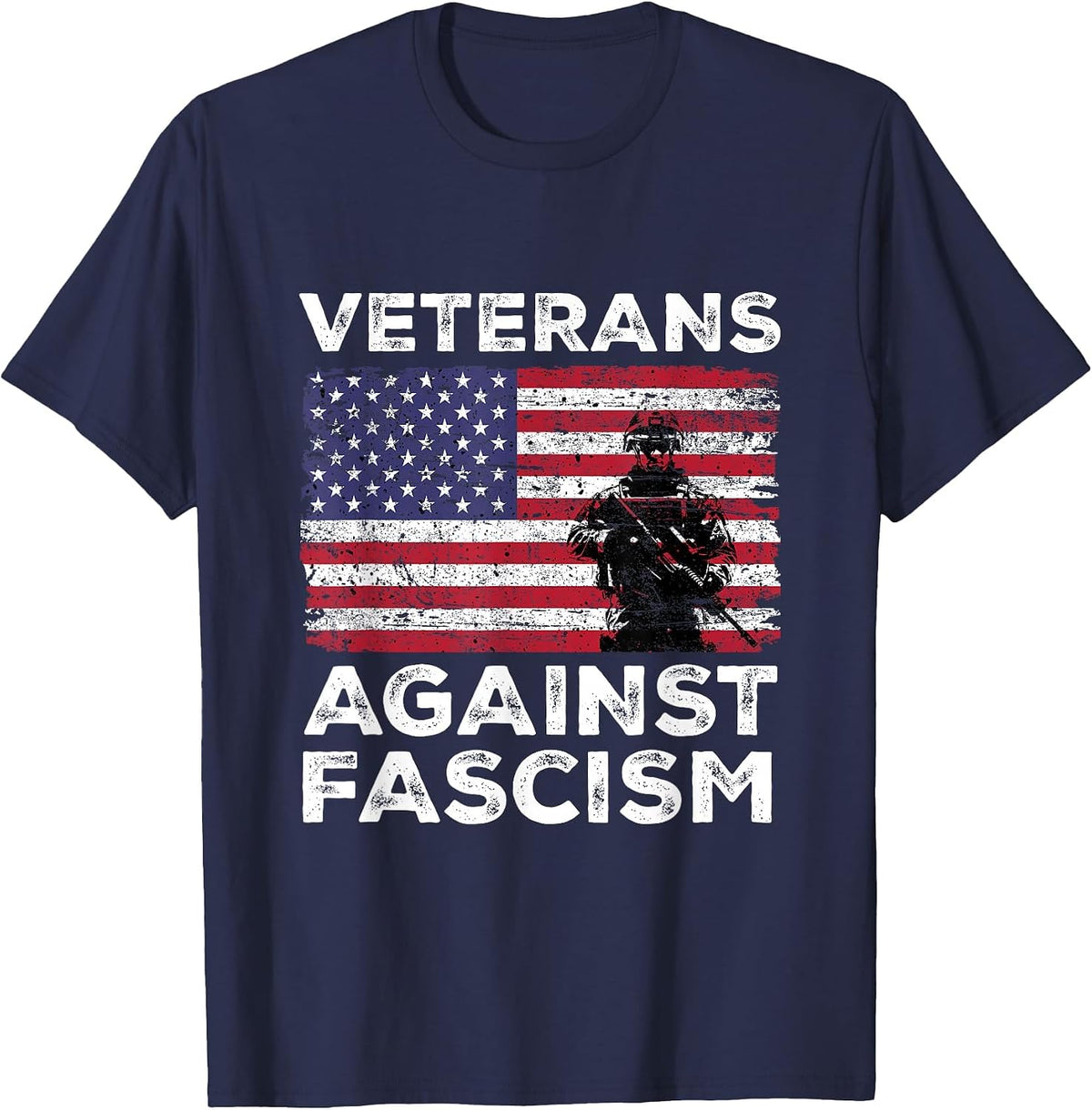 Veterans Against Fascism Vintage US Army Patriotic Soldier T-Shirt - Navy Blue