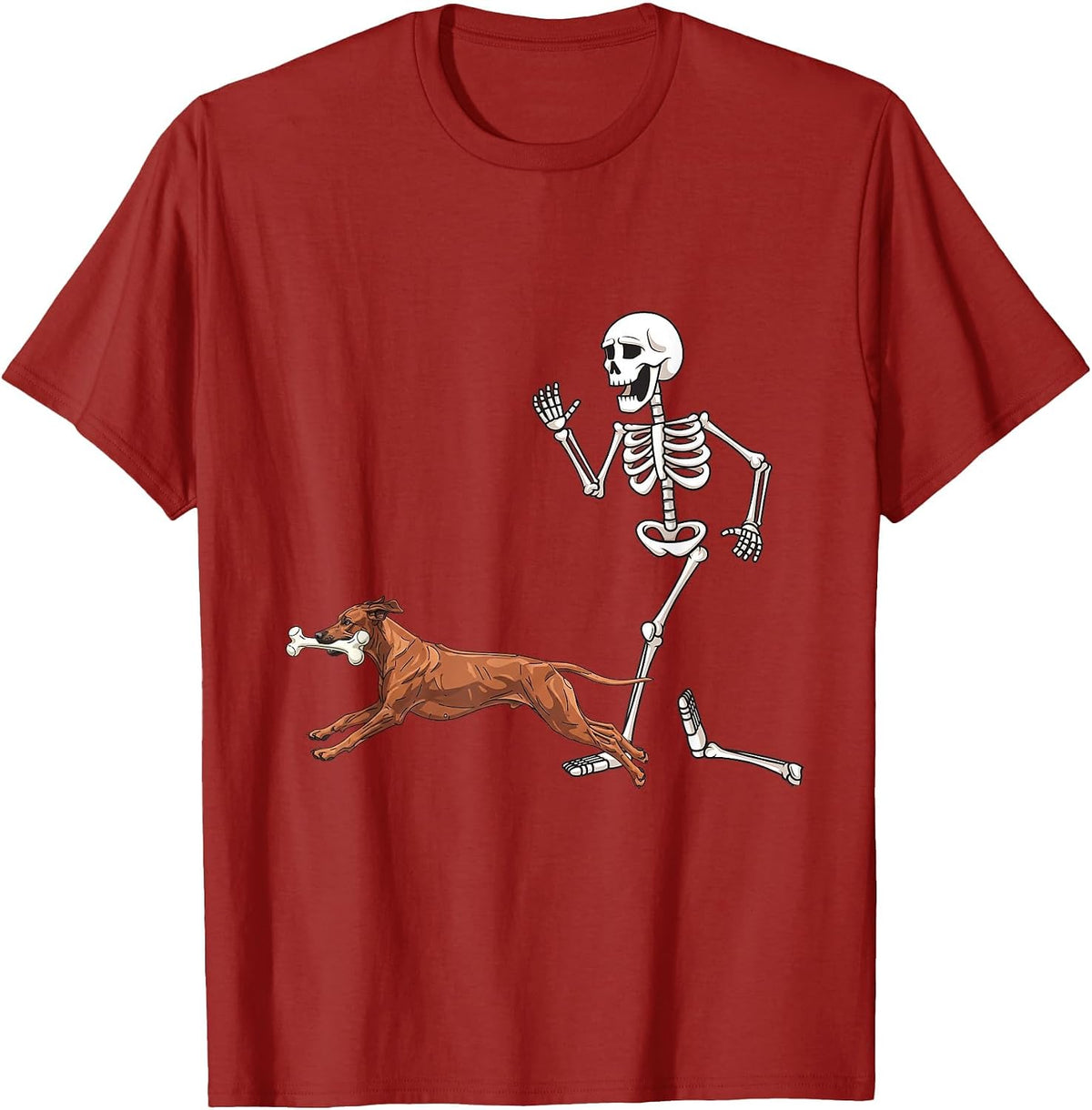 Funny Halloween Rhodesian Ridgeback and Skeleton T-Shirt - Cranberry Red