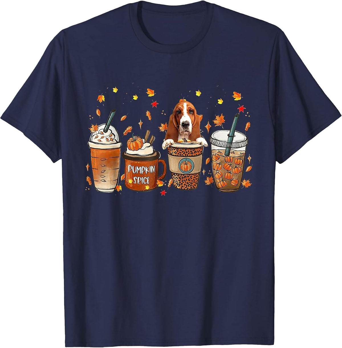 Basset Hound Fall Coffee Pumpkin Spice Latte Iced Autumn T-Shirt - Navy Blue