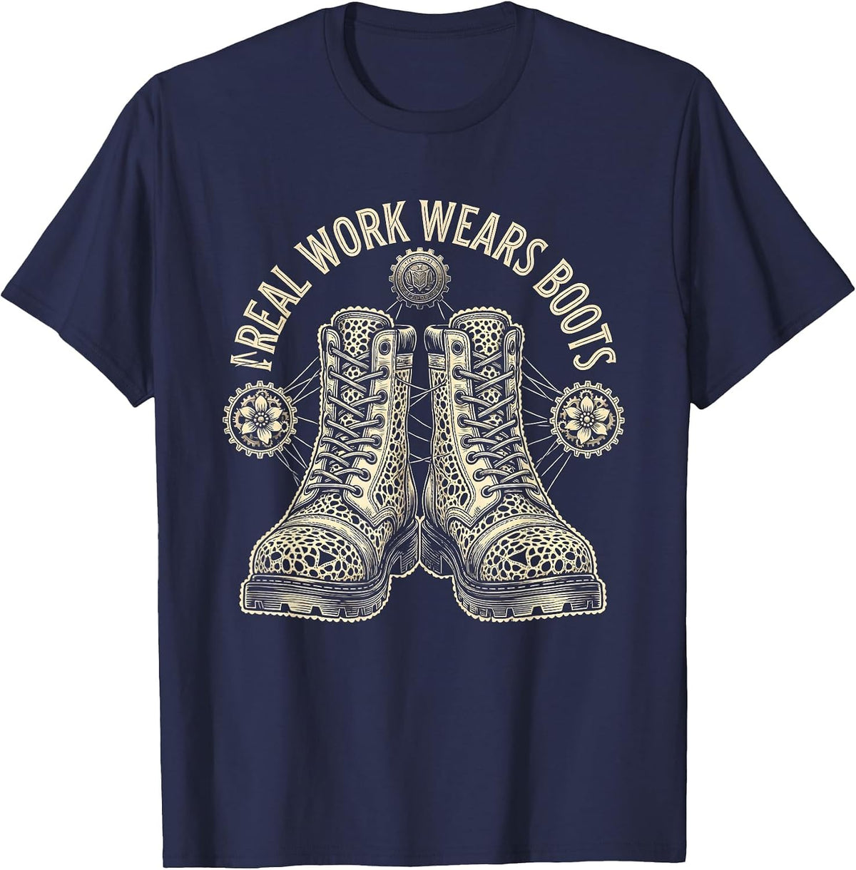 Real Work Wears Boots Graphic Design T-Shirt - Navy Blue