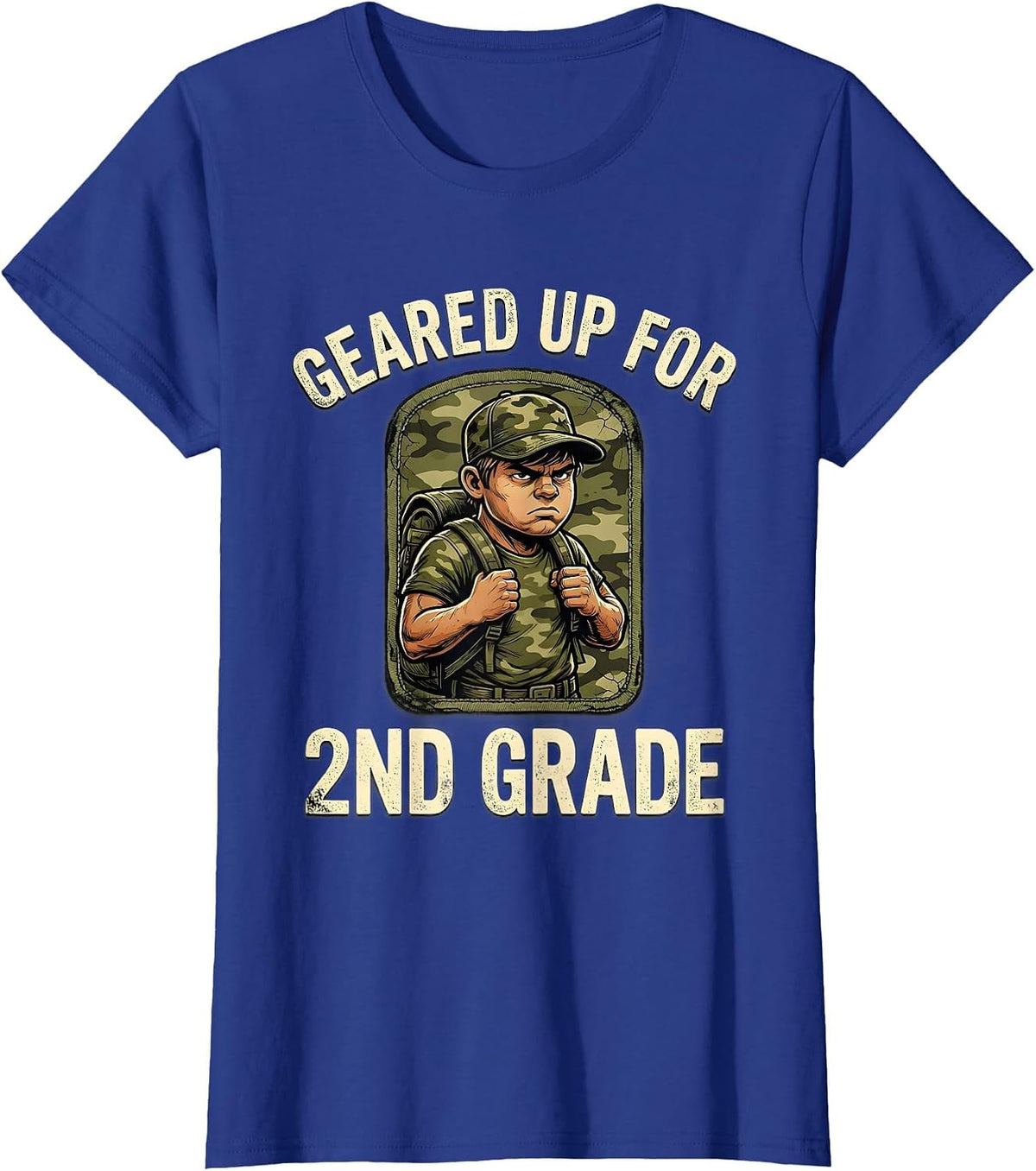 Women's Geared Up For 2nd Grade Distressed Camo Back To School Boy T-Shirt - Royal Blue