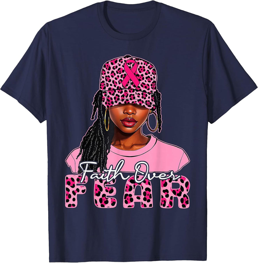 Faith Over Fear Christian Black Women Afro Breast Cancer T-Shirt - Navy Blue