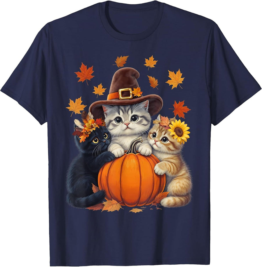 Thanksgiving Kittens and Pumpkin Cats Lover Men Women Fall T-Shirt - Navy Blue