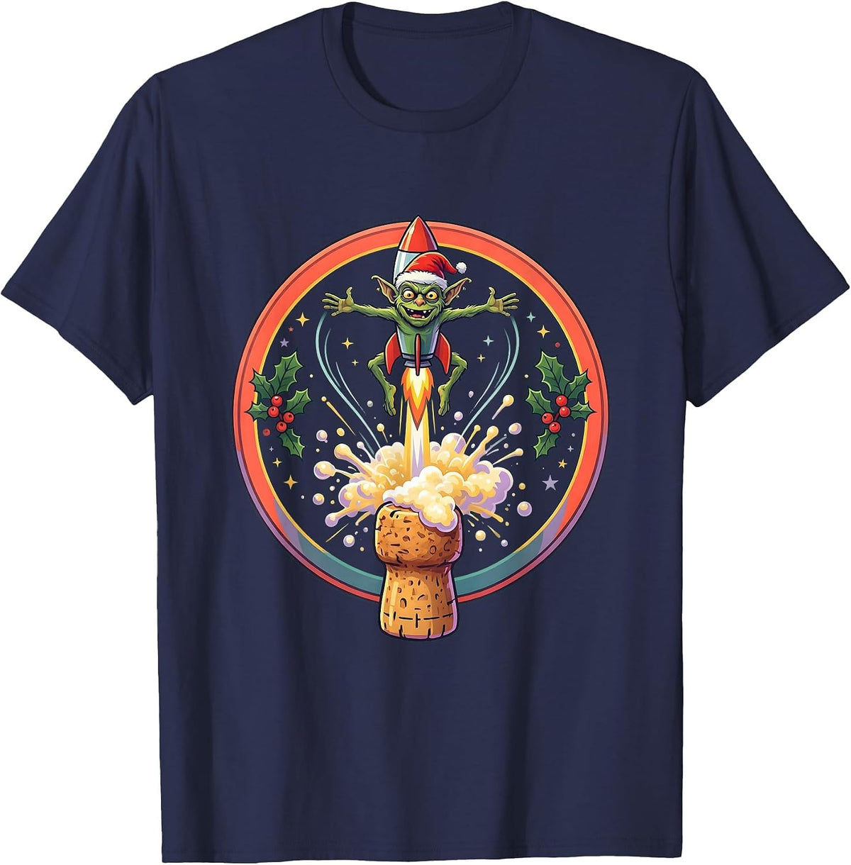 Gremlin Champagne Cork Christmas Launch T-Shirt - Navy Blue