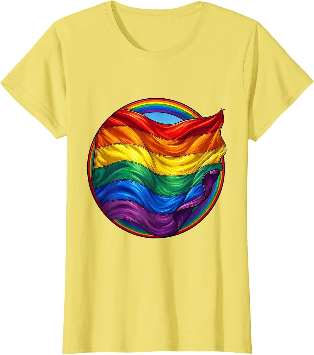 Rainbow Pride Flag Unfurling in the Wind T-Shirt - Lemon Yellow