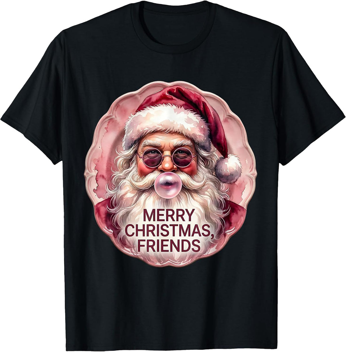 Men's Merry Christmas, Friends Watercolor Retro Pink Bubblegum T-Shirt - Black