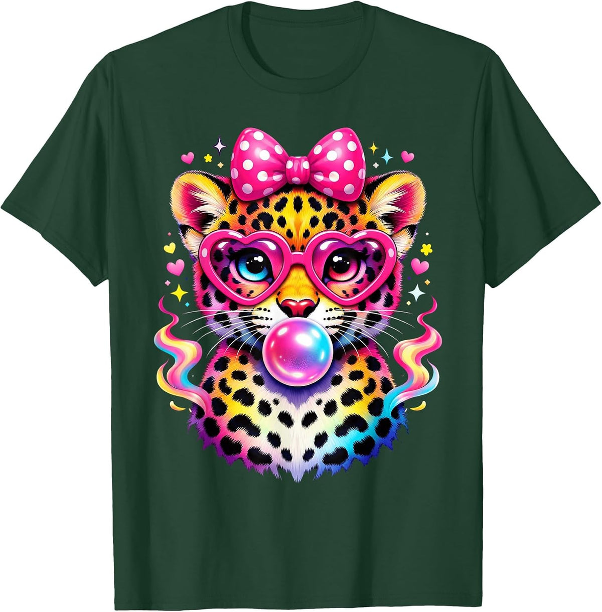 Funny Leopard Glasses Blowing Bubble Gum Back to School Kids T-Shirt - Dark Green