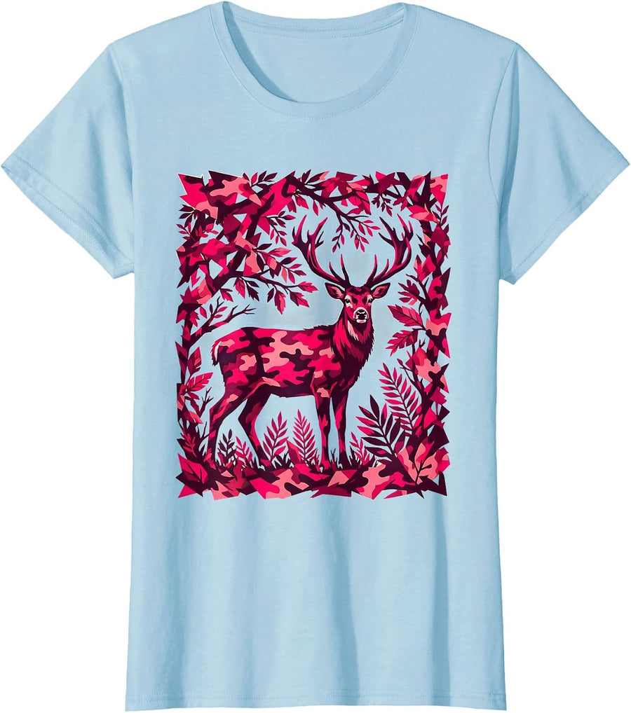 Women's Pink Camo Deer Silhouette Forest Hunting Design T-Shirt - Baby Blue
