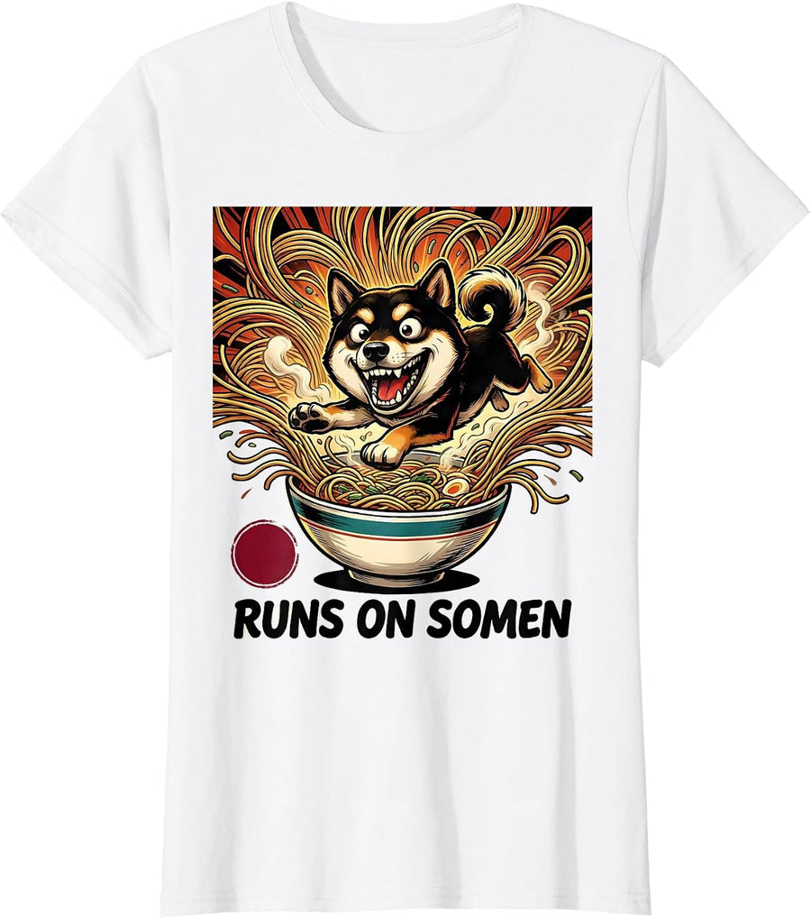 Women's Runs on Somen Funny Shiba Inu Anime Animal Novelty T-Shirt - White