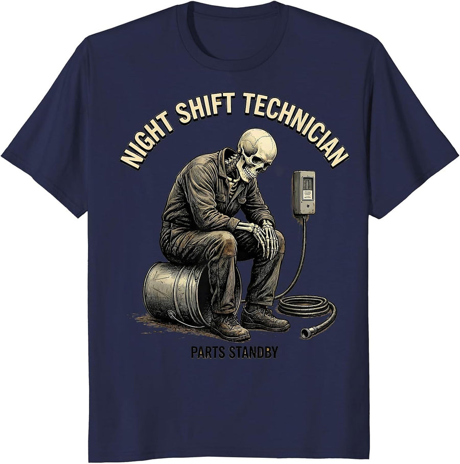 Night Shift Technician Parts Standby Funny Mechanic Skeleton T-Shirt - Navy Blue