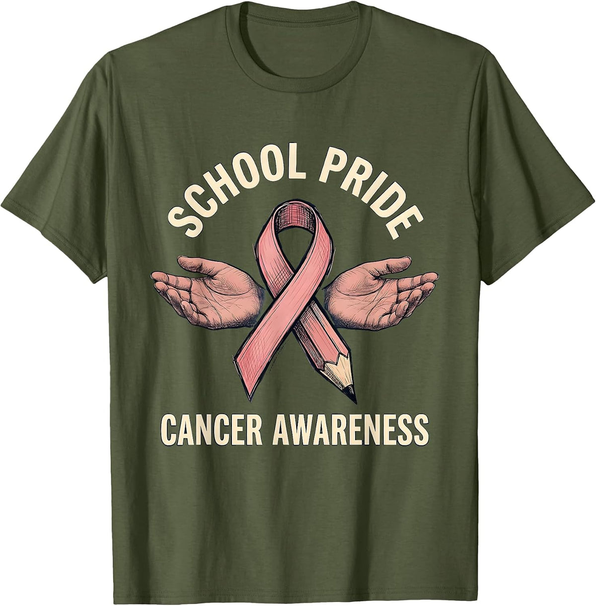 School Pride Cancer Awareness Pencil Sketch Design T-Shirt - Olive Green