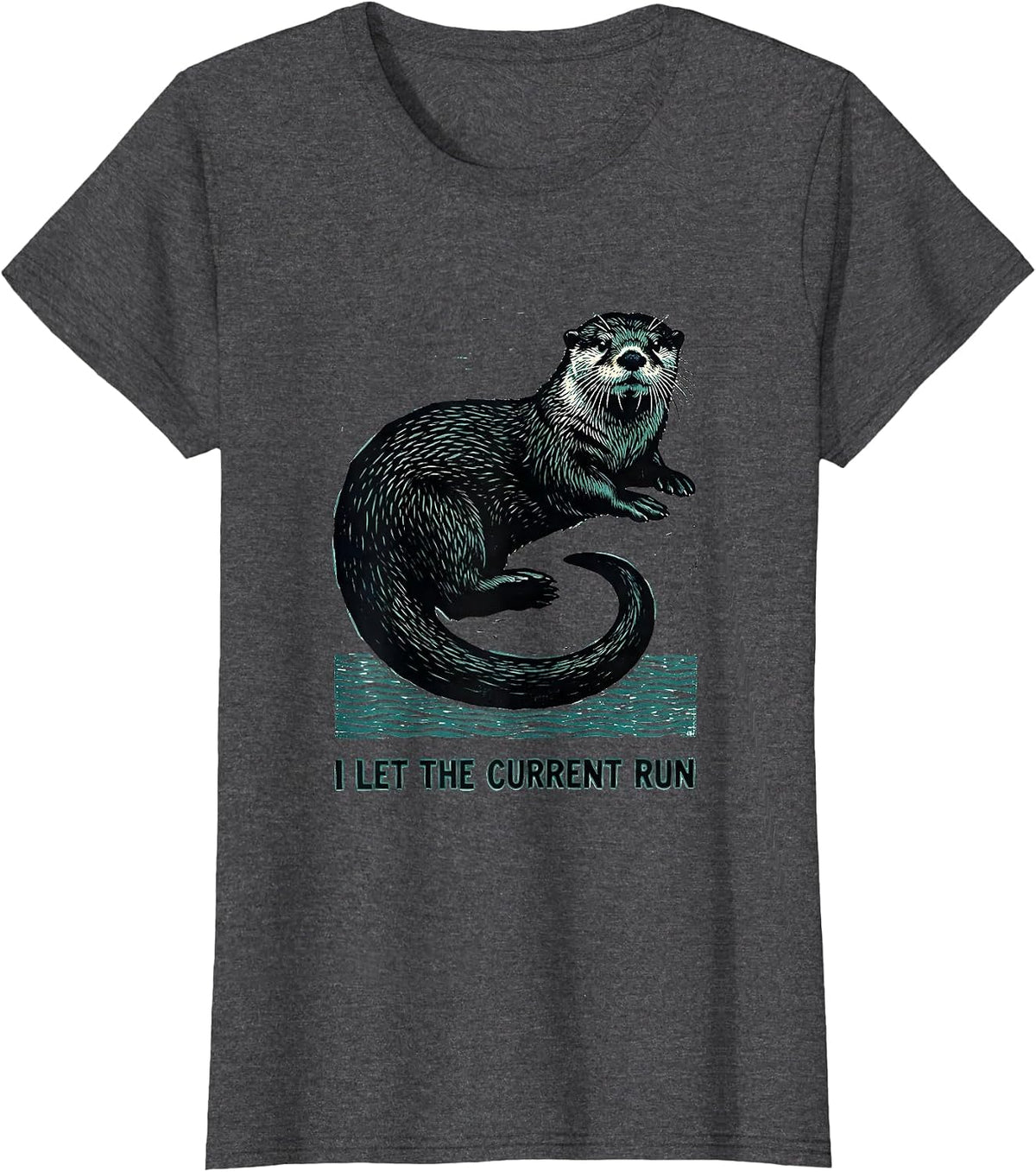 Women's I Let The Current Run Funny Sea Otter Linocut Otter Lover T-Shirt - Dark Heather Grey
