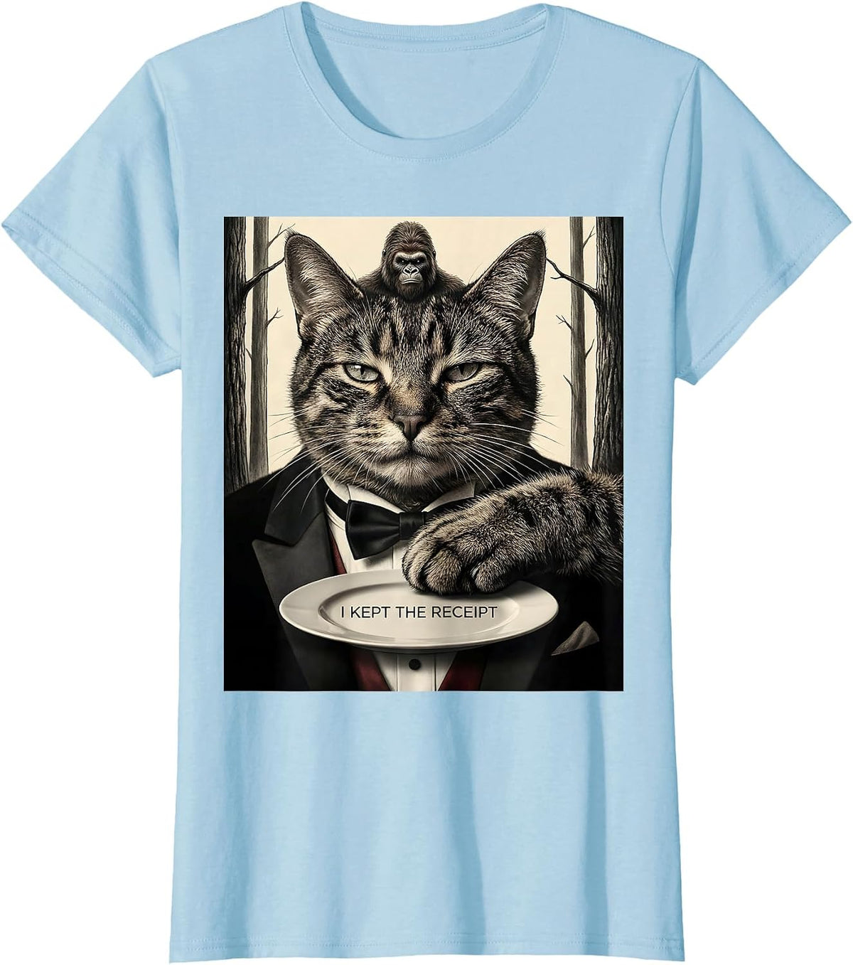 Women's I Kept The Receipt Funny Cat Selfie With Sasquatch Bigfoot T-Shirt - Baby Blue
